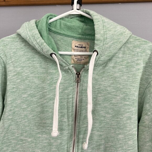 PULL & BEAR Heather Green White Zip Up Hoodie Sweat Jacket Sz L - Picture 2 of 13